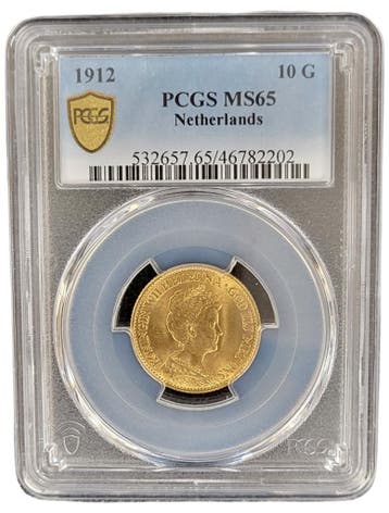 Gouden Wilhelmina 10 gulden 1912 MS65 gecertificeerd PCGS, Postzegels en Munten, Munten | Nederland, Verzenden, Goud, Koningin Wilhelmina