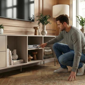 TV meubel Kliri met lades en deur 150x35x58 cm camel [en.cas, Huis en Inrichting, Verzenden, Nieuw