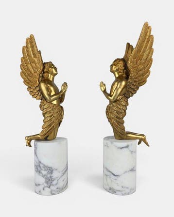 sculptuur, Grande Coppia di Angeli Adoranti in Bronzo Dorato