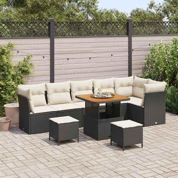 vidaXL Tuinbankenset 9 st Zwart poly rattan, Verzenden, Nieuw, Rotan, Meer dan 8 zitplaatsen