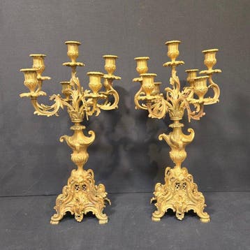 Pendule (2) Rococo stijl - Verguld brons - 1850-1900 - Zware, Antiek en Kunst
