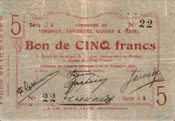 5 Francs France Komitat 02700 – Tergnier – Fargniers –, Postzegels en Munten, Verzenden