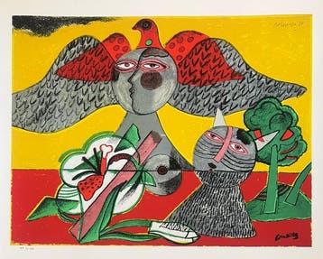 Corneille (1922-2010) - Chat, fleur et oiseau