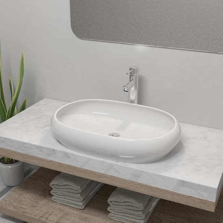 vidaXL Badkamerwastafel met mengkraan ovaal keramiek wit, Doe-het-zelf en Verbouw, Sanitair, Nieuw, Verzenden