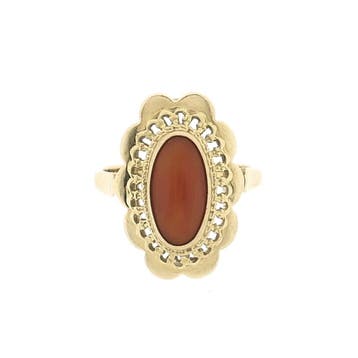 Vintage gouden ring met bloedkoraal, Gebruikt, Ophalen of Verzenden, Kleiner dan 17, Met edelsteen