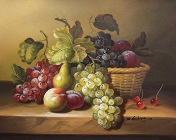 M. Gibson (XX) - Classical Fruit Still Life with Grapes and, Antiek en Kunst