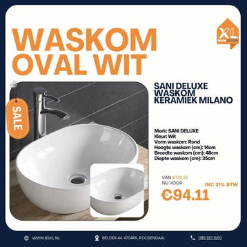 Ovale witte waskom keramiek 48 cm - OUTLET, Minder dan 50 cm, Nieuw, Ophalen of Verzenden, Minder dan 25 cm