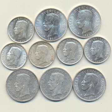 Zweden. Gustaf V. Collection of 10 coins: 1 & 2 Kronor, Gestempeld