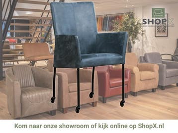 Leren eetkamerstoel Comfort met wieltjes en armleuning -, Blauw, Nieuw, Leer, Ophalen of Verzenden