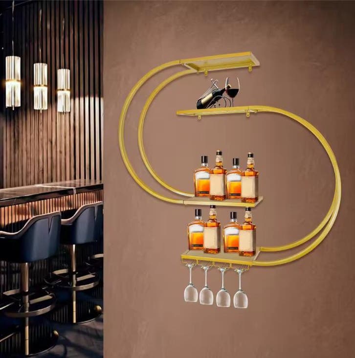 Halfrond Wijnrek Wand – Goudkleurig met Glashouder 120 cm, Huis en Inrichting, Kasten | Wandmeubels, Nieuw, Verzenden