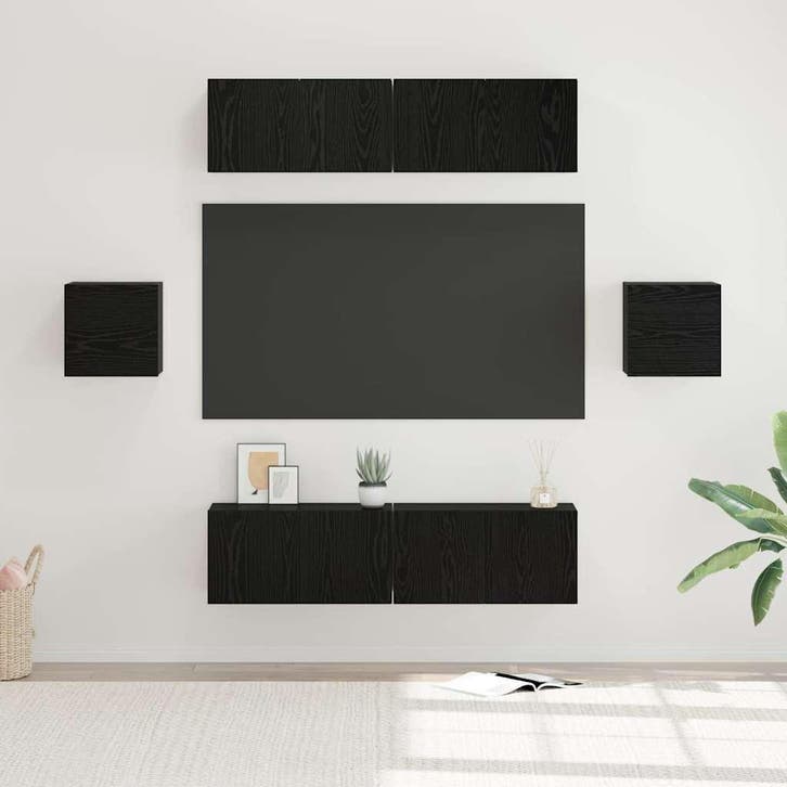 vidaXL Tv-meubelset Wandgemonteerd 6 pcs Zwart eiken Bewerkt, Huis en Inrichting, Kasten | Televisiemeubels, Nieuw, Minder dan 50 cm