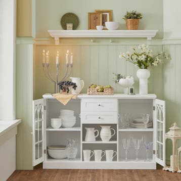 Wit Sideboard met 2 Glazen Deuren en 2 Lades - Stijlvolle Bu, Verzenden, Nieuw
