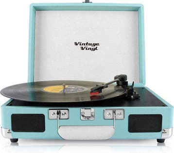 2dekans | Vintage Vinyl kofferplatenspeler blauw - line-in, Audio, Tv en Foto, Radio's, Ophalen of Verzenden, Zo goed als nieuw