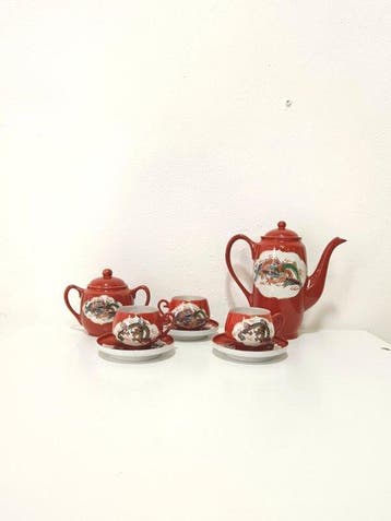 Theeservies (8) - Juego de café oriental en porcelana roja