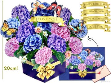 Groot Vrijstaand Boeket Hortensias pop-up kaart, Diversen, Verzenden, Nieuw