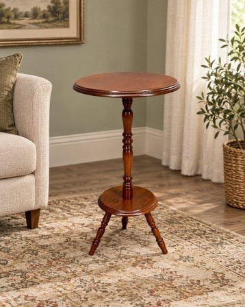 Sierlijke houten plantentafel – rond blad, gedraaide zuil en, Antiek en Kunst