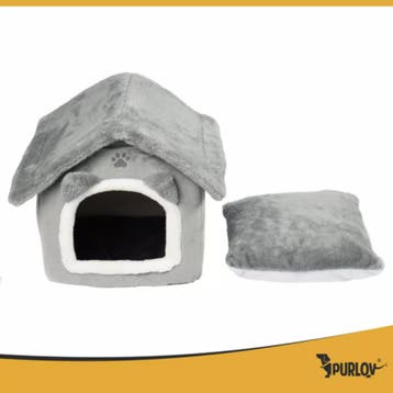Purlov Grijs kattenhuis – pluche bed met dak en kussen, Ophalen of Verzenden, Nieuw