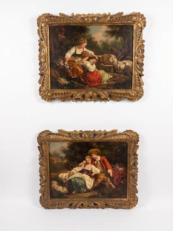 Europese school (XVIII) - Coppia di dipinti: Scene pastorali