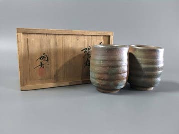 Pair of Premium Japanese Bizen Ware Yunomi Tea Cups by