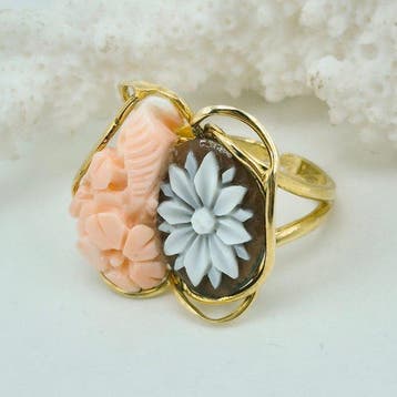 Koraal - Zilver, Verguld - Ring - Handgegraveerde camee, Antiek en Kunst