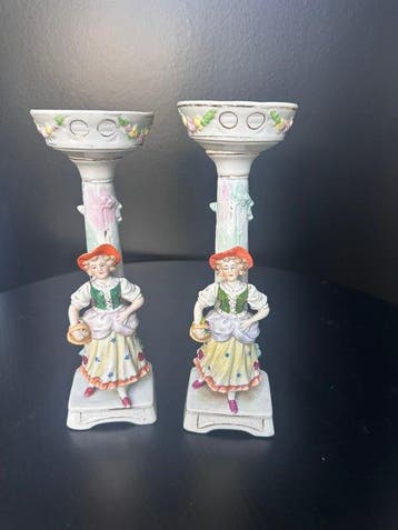 Kaarsenhouder Antiek paar porseleinen figuurkandelaren,, Antiek en Kunst, Antiek | Glas en Kristal