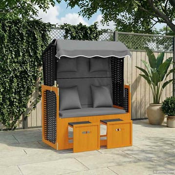 vidaXL Strandstoel met kussen poly rattan en hout zwart en, Verzenden, Nieuw