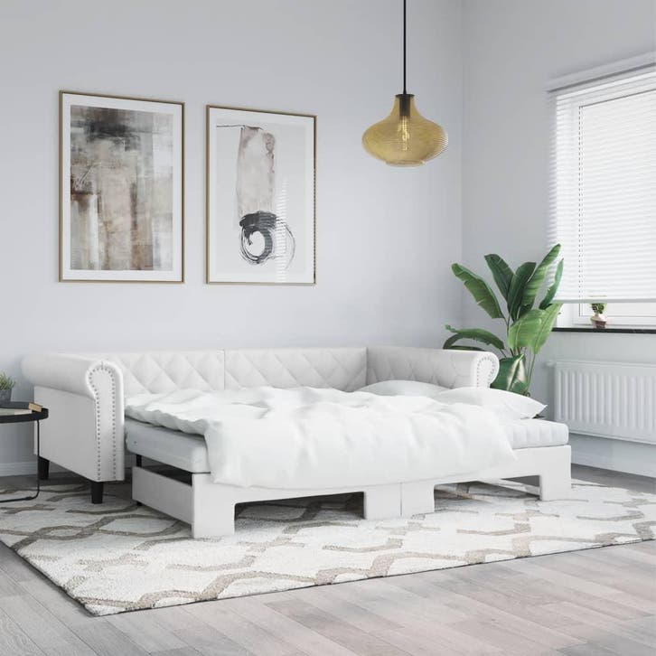 vidaXL Slaapbank onderschuifbed en matrassen 90x200 cm, Huis en Inrichting, Slaapkamer | Bedden, 90 cm, 200 cm, Wit, Eenpersoons