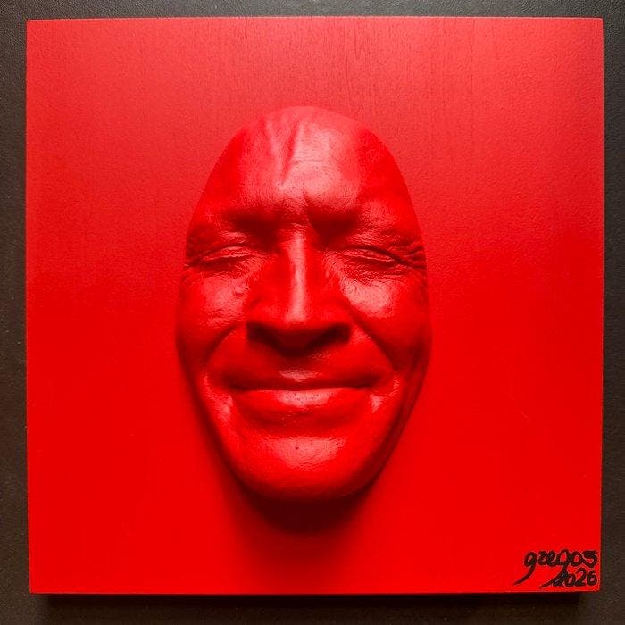 gregos - Red smile on red background, Antiek en Kunst, Kunst | Designobjecten