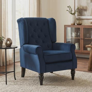 Donkerblauwe gestoffeerde fauteuil met brede zitting en klas, Huis en Inrichting, Verzenden, Nieuw