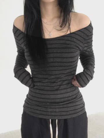 Dames Off-Shoulder Gestreept T-shirt met Lange Mouwen - Y2K, Kleding | Dames, Tops, Verzenden, Nieuw