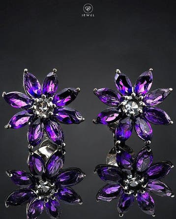 Amethist Bloemen Oorbellen - 925 Sterling Zilver -