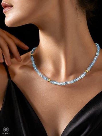Blauwe aquamarijn-edelsteenketting - 925 sterlingzilver,