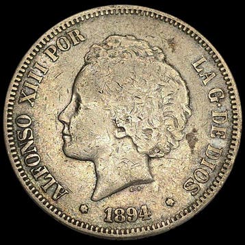 Spanje. Alfonso XIII. 5 Pesetas 1894. PGV. (Zonder