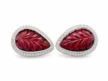 Oorstekers Platina - 5.86ct. tw. Robijn - Diamant, Sieraden, Tassen en Uiterlijk, Antieke sieraden