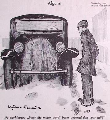 Spotprent over een werkloze die jaloers is op een auto, Verzenden