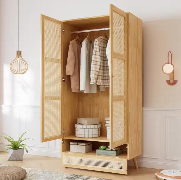 Rattan Garderobekast – 2-Deurs Kast met Kledingroede, Huis en Inrichting, Kasten | Kledingkasten, Nieuw, Verzenden