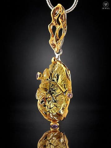 Gele citrienkwarts ketting - 925 sterlingzilver, goud, Antiek en Kunst