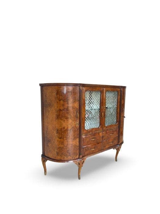 Dressoir - Walnoot, Messing, Hout, Glas, Antiek en Kunst, Kunst | Designobjecten