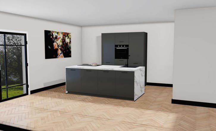 Actie! Complete keuken met kookeiland en marmerlook werkblad, Huis en Inrichting, Keuken | Complete keukens, Nieuw, Ophalen
