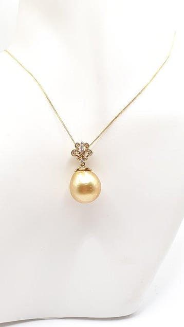 Ketting met hanger - 18 karaat Geel goud - 0.16ct. tw. Parel