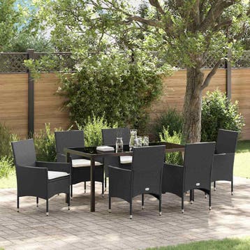 vidaXL Tuin eettafelset met kussen 7 pcs Zwart poly rattan, Verzenden, Nieuw, Rotan, 7 zitplaatsen