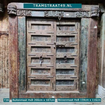 Teak hout deur incl. kozijn, eeuwenoude Indiase deur, poort, Deurkozijn, Nieuw, Ophalen of Verzenden, 150 tot 225 cm