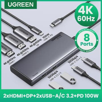 UGREEN 8-in-1 USB-C Hub: Triple 4K Display, 10Gbps, 100W PD, Verzenden, Nieuw