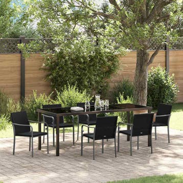 vidaXL Tuin eettafelset 7 st Zwart en Grijs PE Rattan, Verzenden, Nieuw, Rotan, 7 zitplaatsen