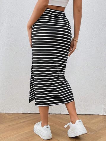 Dames Midi Rok met Streepjes, Knoopdetail en Split, Kleding | Dames, Rokken, Verzenden, Nieuw