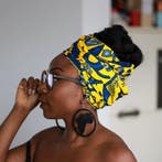 Afrikaanse hoofddoek / Vlisco headwrap - Geel / Blauwe leaft, Kleding | Dames, Ophalen of Verzenden, Nieuw