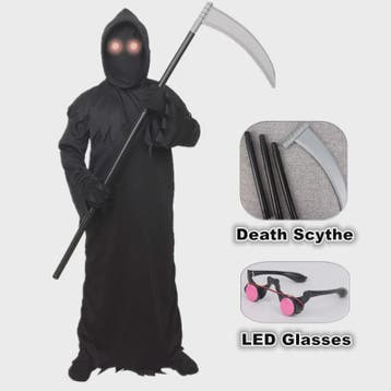 Grim Reaper Doodskostuum met Gloeiende Rode Ogen - Compleet, Verzenden, Nieuw