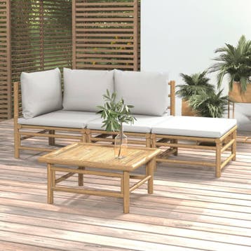 vidaXL 4-delige Loungeset met kussens bamboe lichtgrijs, Verzenden, Nieuw, Hout, Loungeset