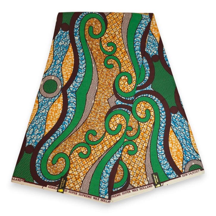 Afrikaanse stof - Groen Oranje Swirling Ribbon - Super Wax 1, Hobby en Vrije tijd, Stoffen en Lappen, Nieuw, Ophalen of Verzenden