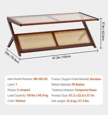 Nieuwe Rotan Salontafel Z-vorm met glazen blad – 50 of 120cm, Verzenden, Nieuw
